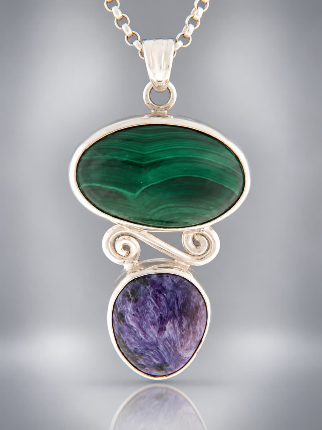 Malachite and Charoite sterling silver pendant