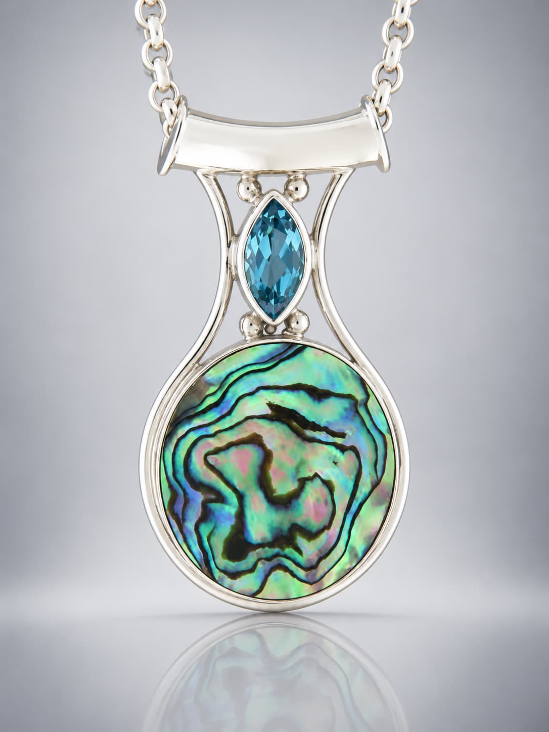 Blue Topaz and paua shell sterling silver pendant