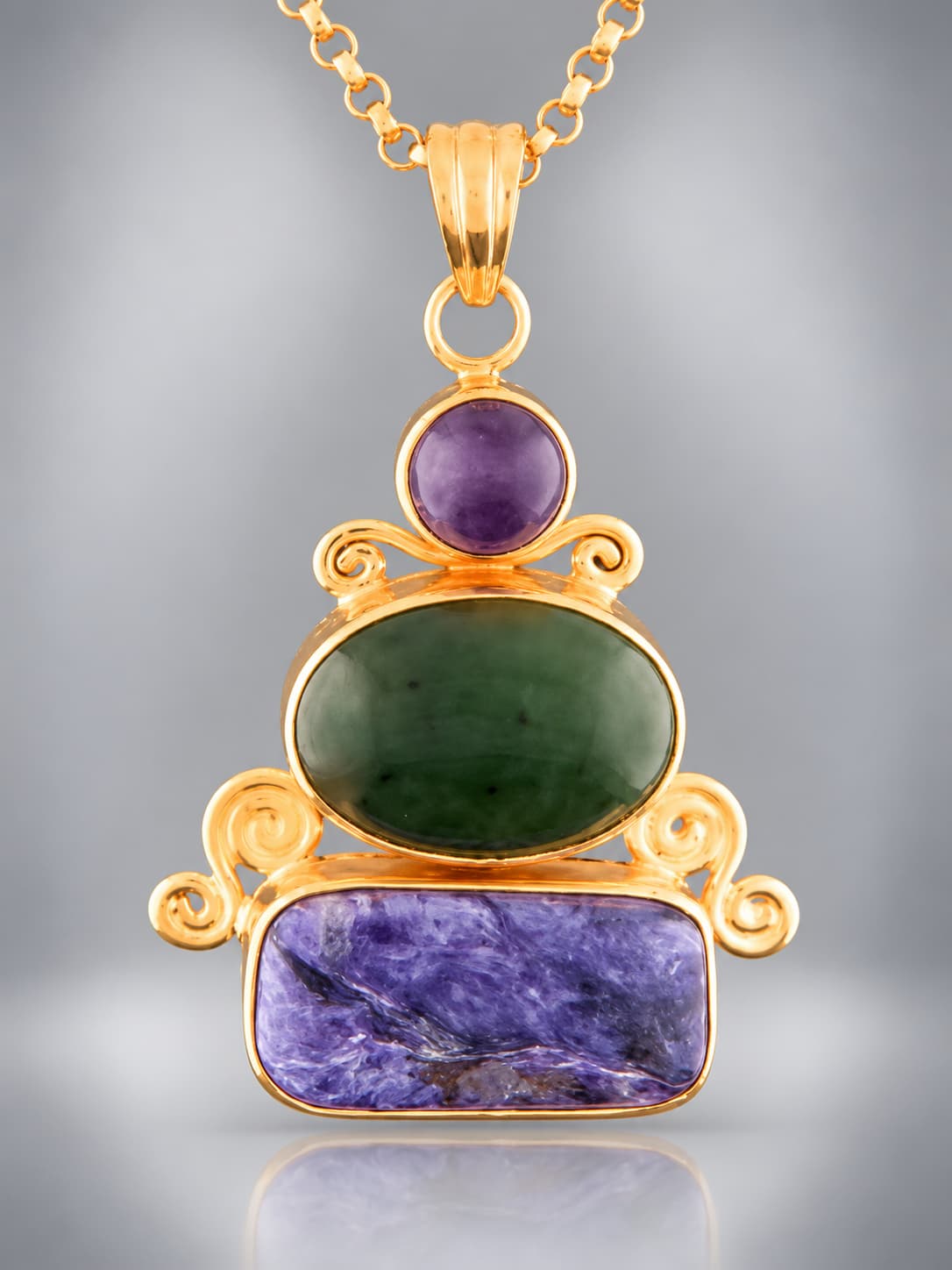 Amethyst, greenstone and charoite gold vermeil pendant