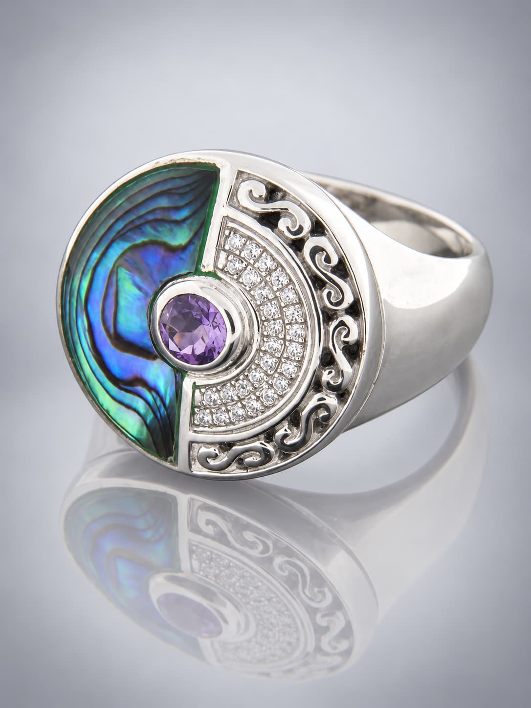 Paua Shell Ring with Amethyst & Zircon - Sterling Silver