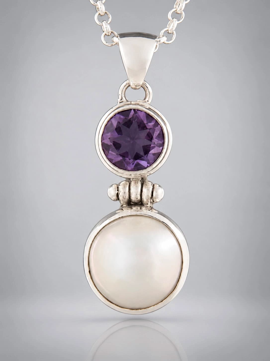 Faceted Amethyst Pendant with pearl sterling silver