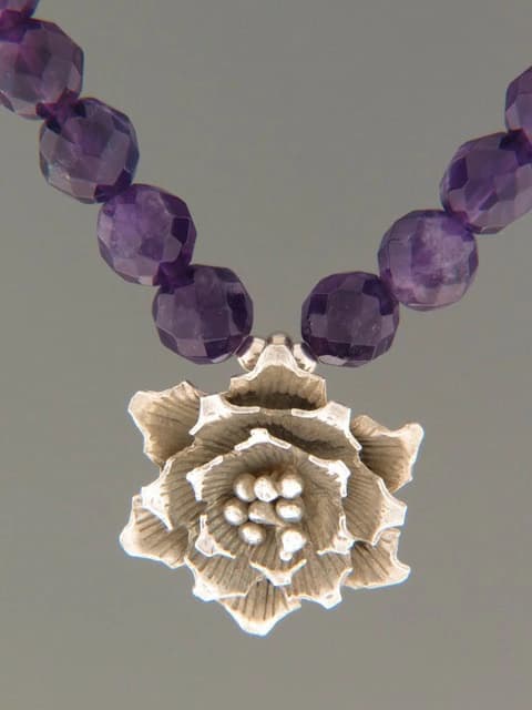 Amethyst Necklace - 8mm round faceted stones with Sterling Silver flower