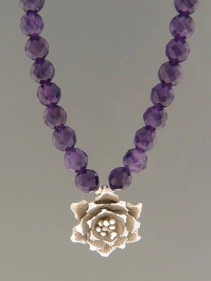 Amethyst Necklace - 8mm round faceted stones with Sterling Silver flower