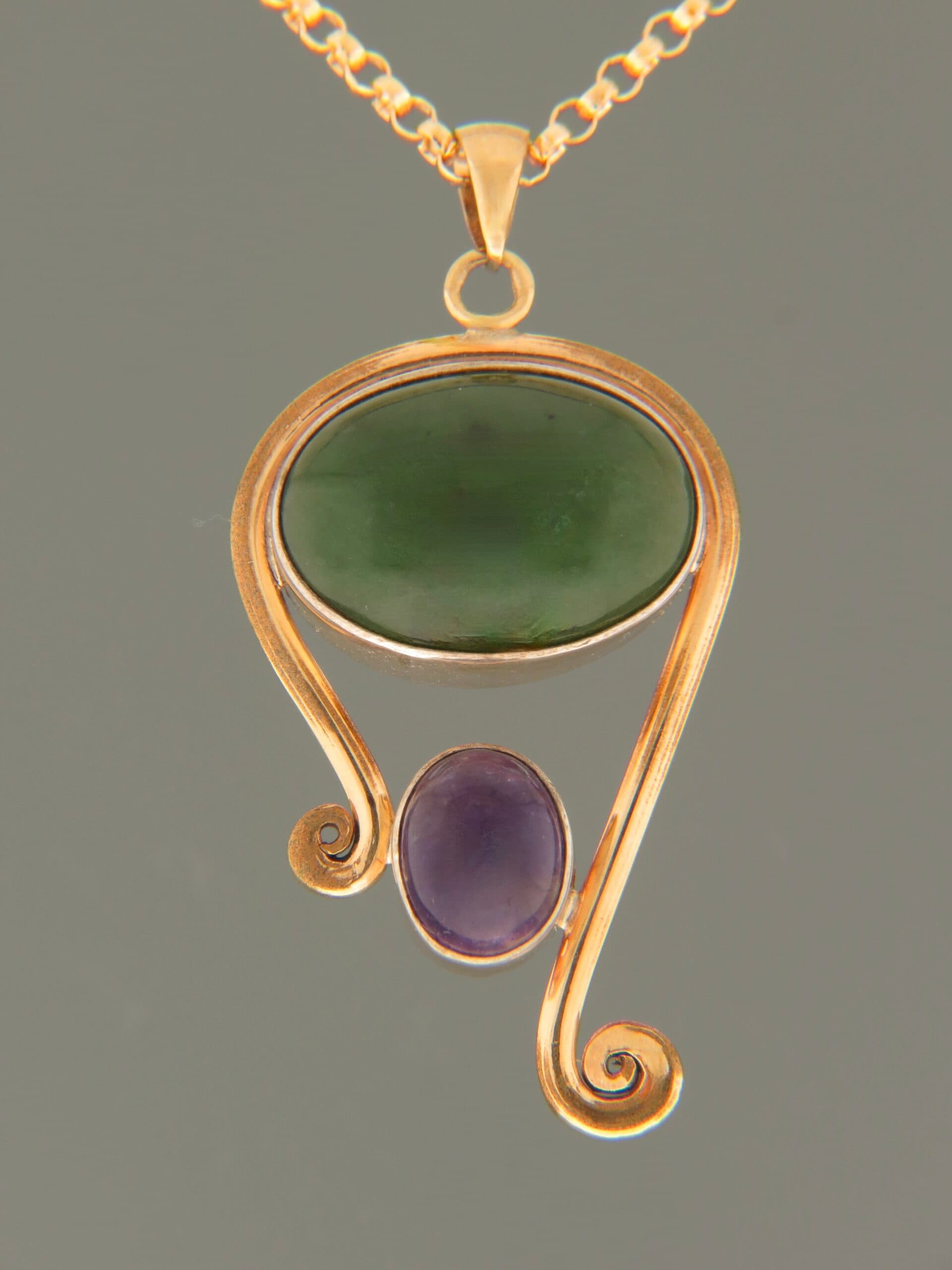 Jade & Amethyst Pendant - Sterling Silver & 9ct Gold