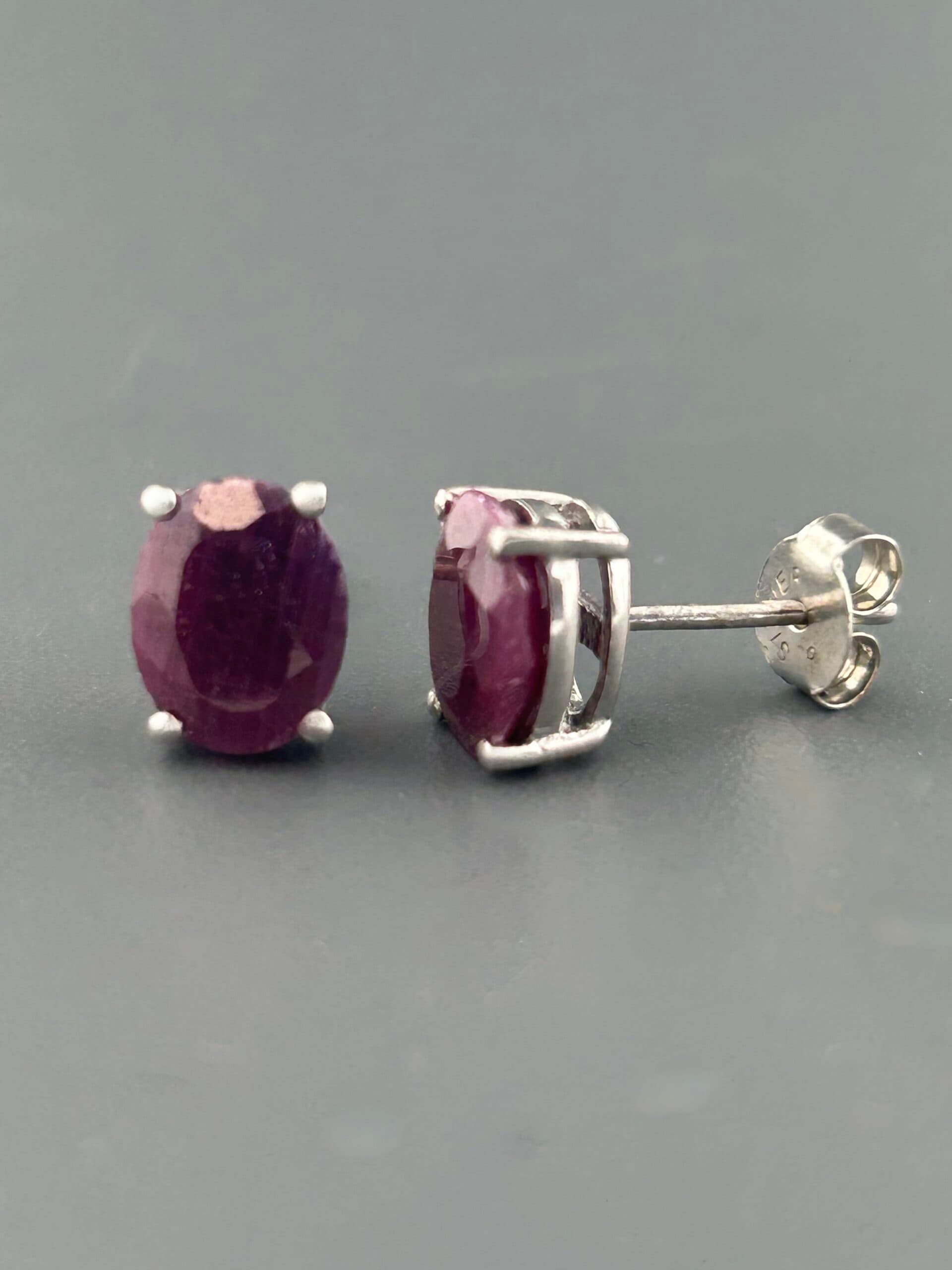 Ruby Earrings - Sterling Silver Stud - 7x9mm