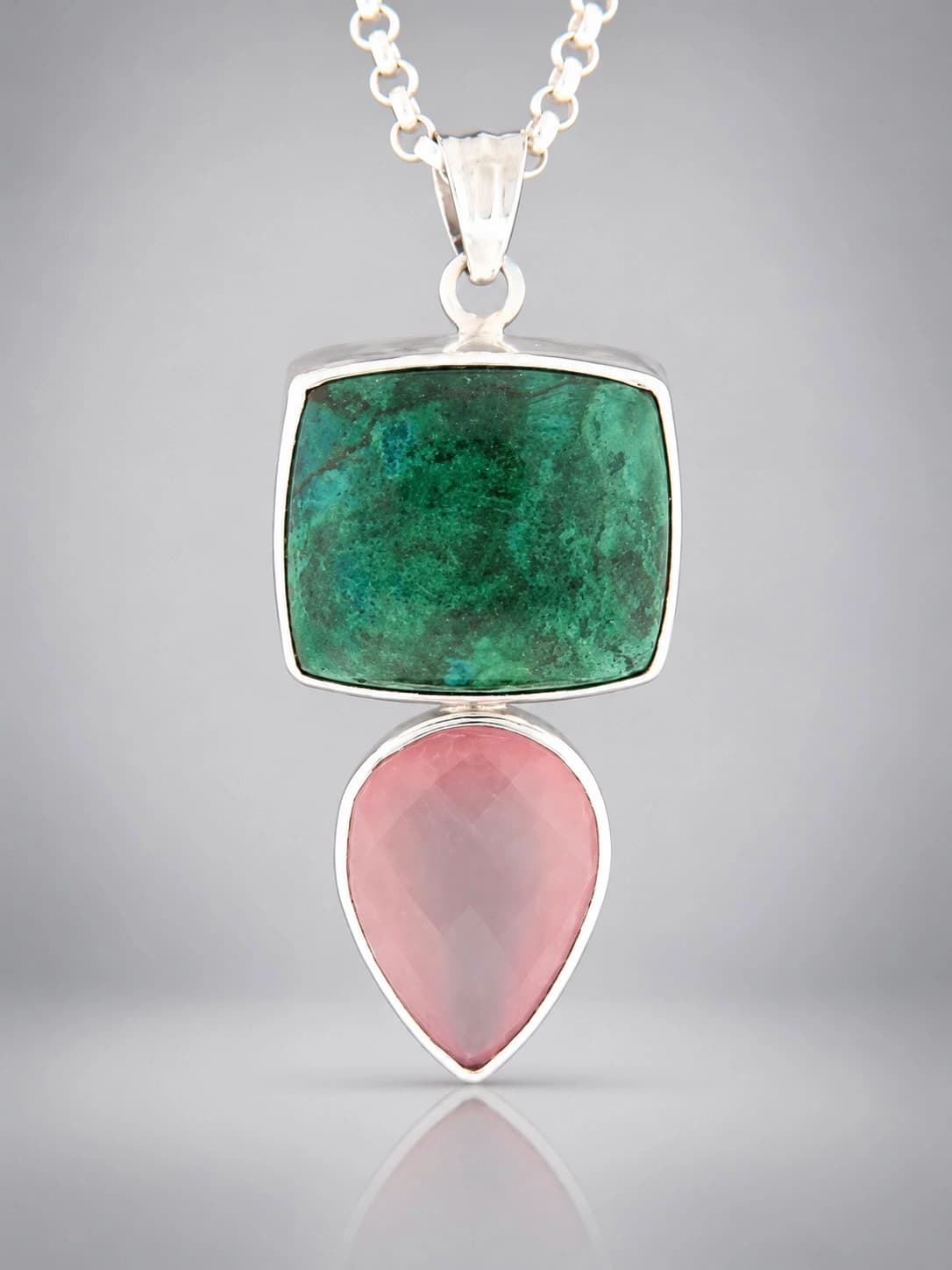 Chrysocolla and rose quartz sterling silver pendant