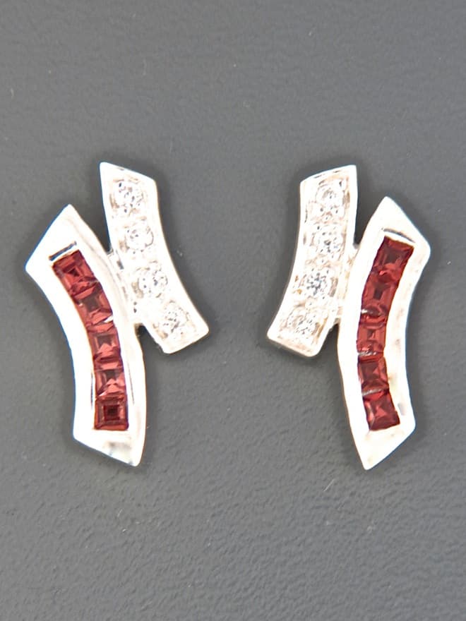 Garnet Earrings with Zircon - Sterling Silver stud