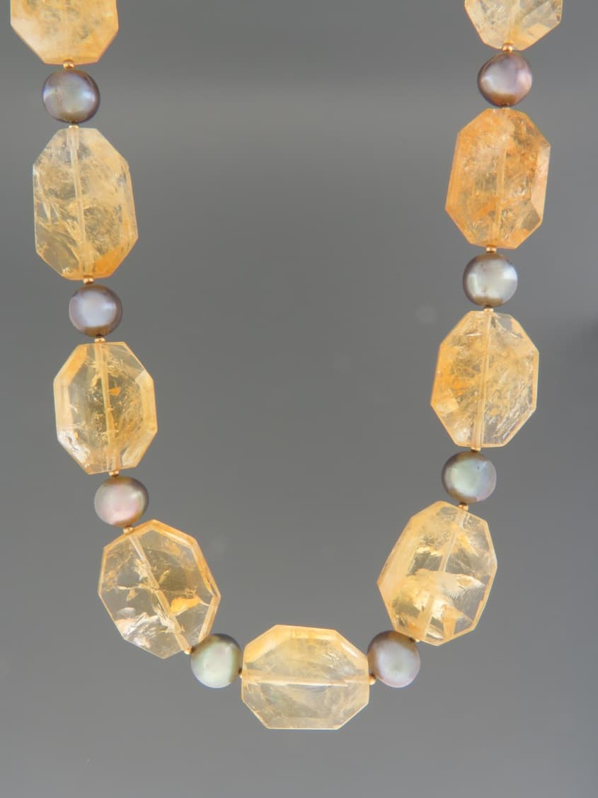 Citrine Necklace with Pearls - octagonal faceted stones - 50cm