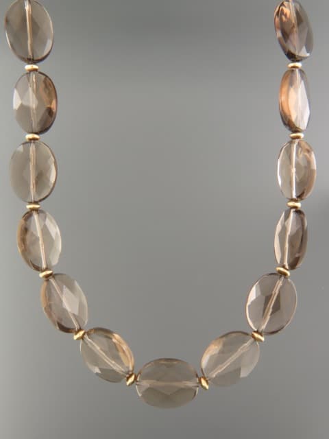 Smokey Quartz Necklace - oval facets with gold beads