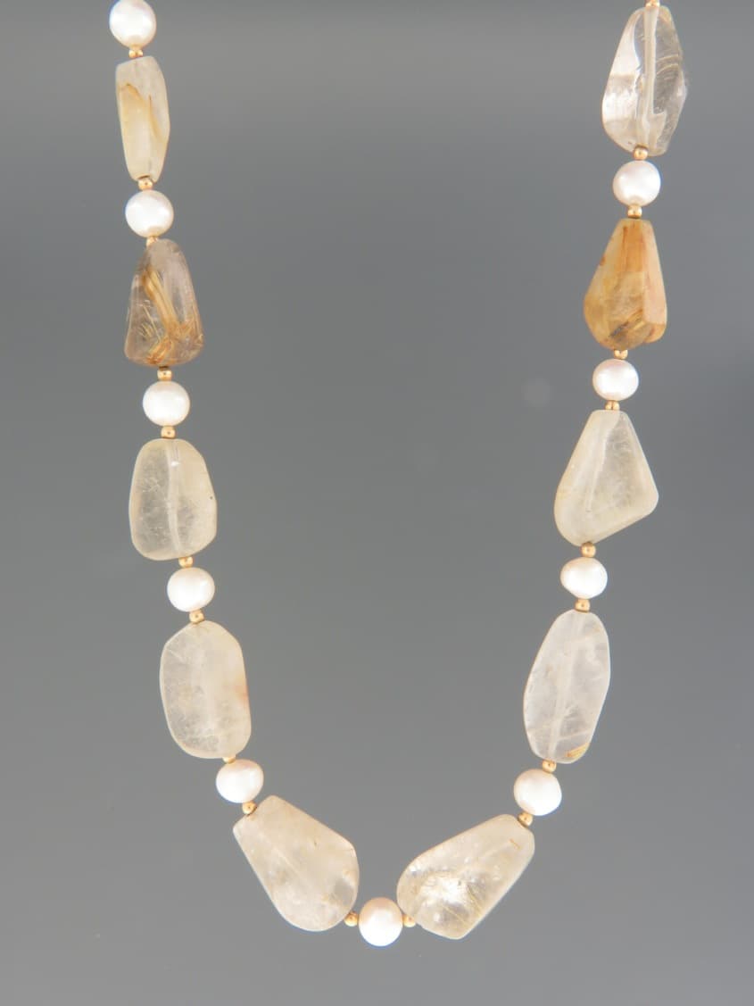 Rutile Quartz & Pearl Necklace - irregular stones - 45cm