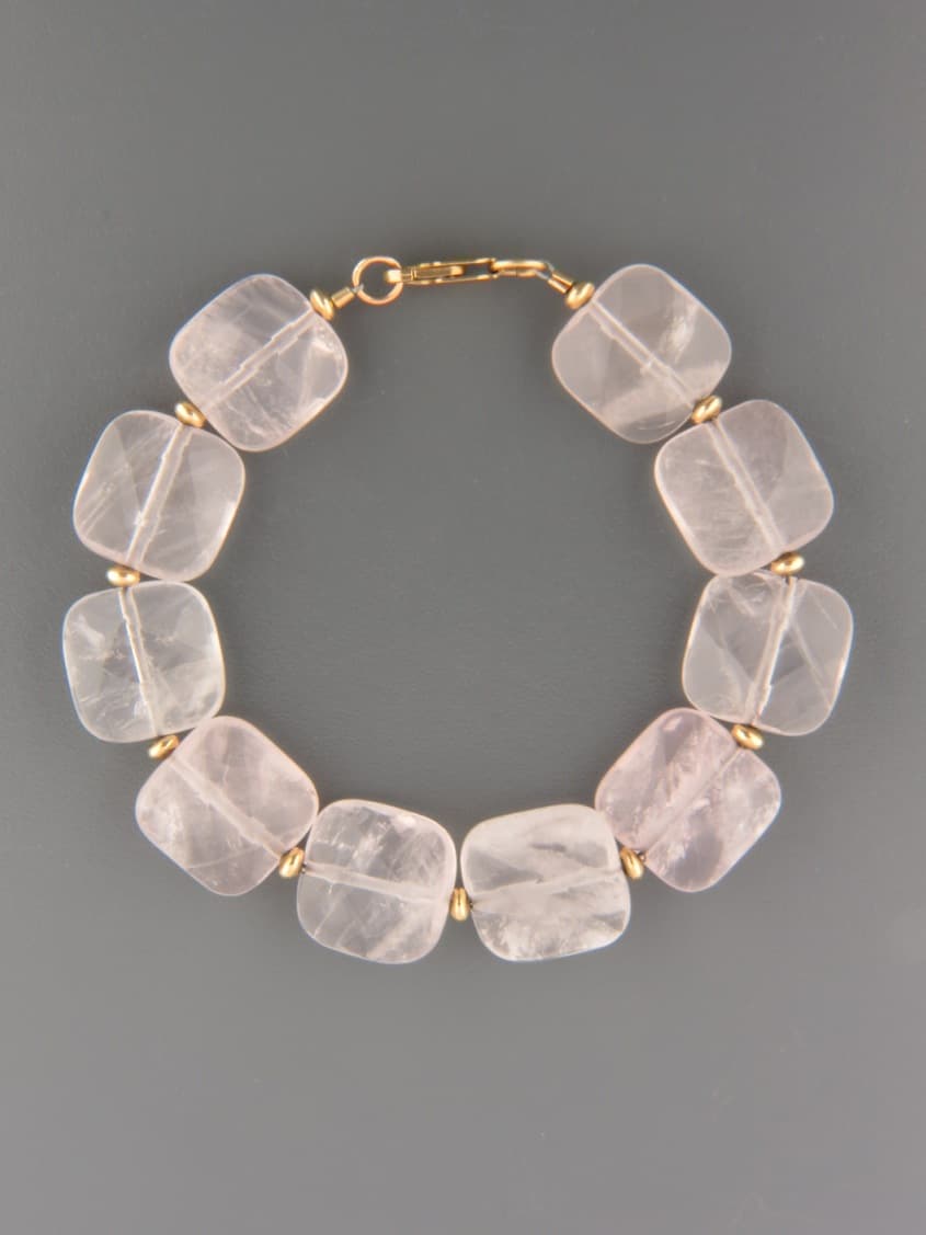 Rose Quartz Bracelet - square faceted stones with gold beads