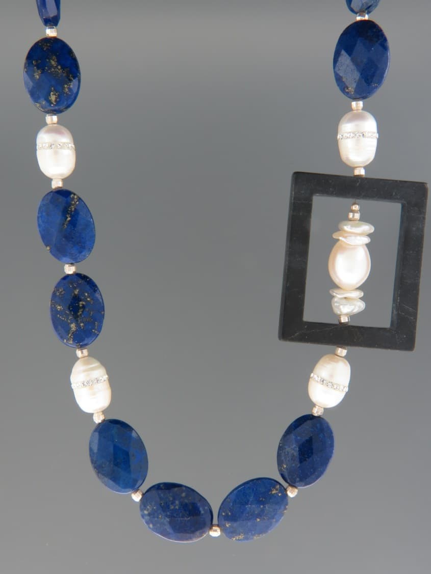 Lapis Lazuli Necklace with Pearls - oval faceted stones - 53cm