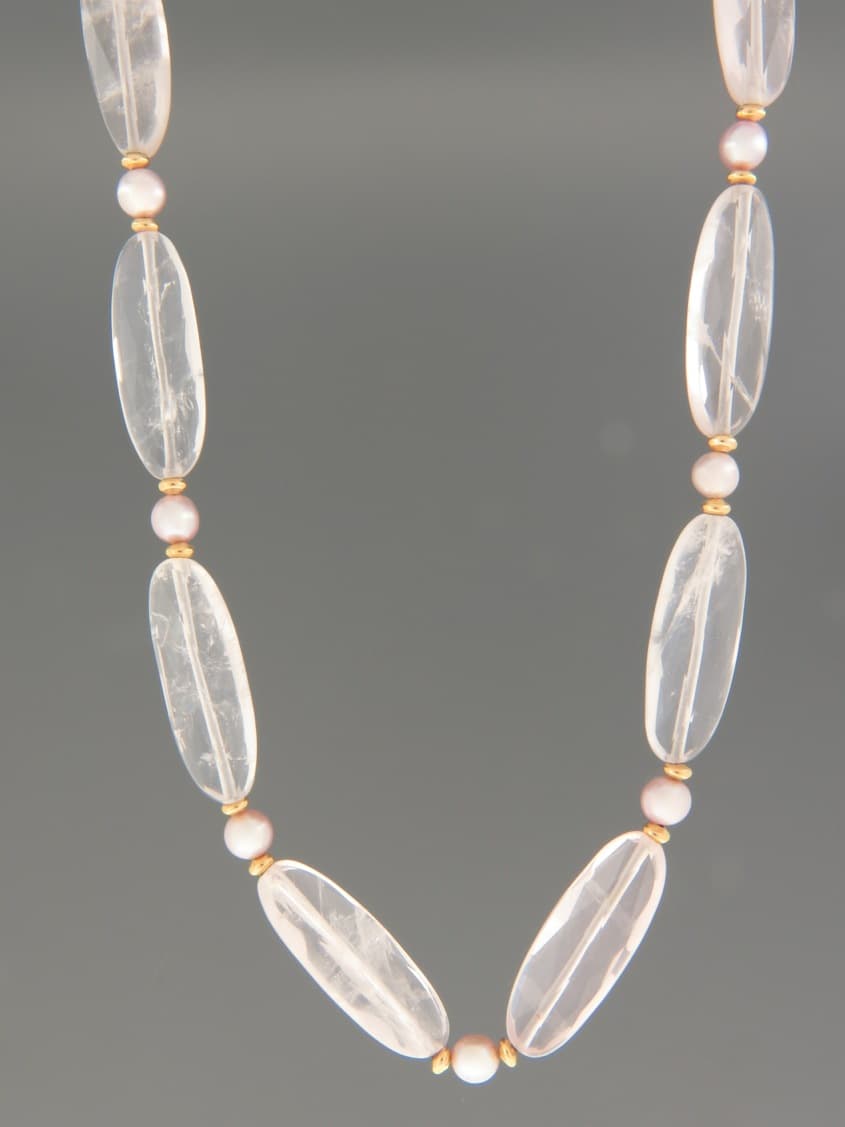 Rose Quartz Necklace with Pearls - with gold beads