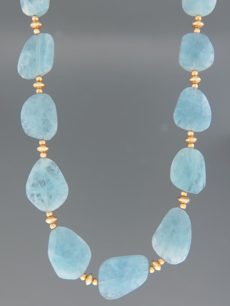 Aquamarine Necklace - irregular facets with gold beads - 50cm