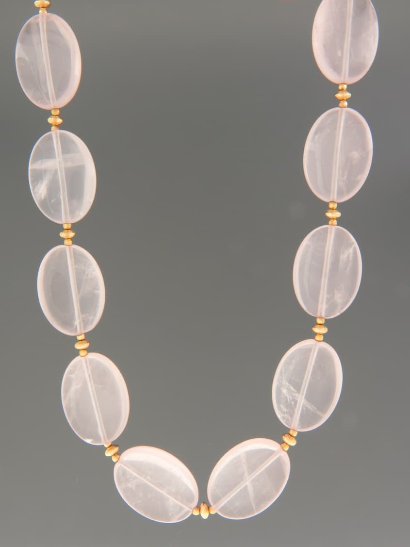 Rose Quartz Necklace - oval stones with gold beads - 45cm