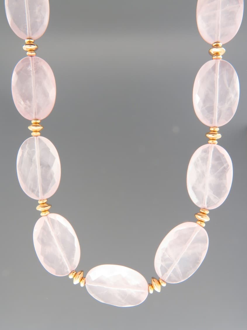 Rose Quartz Necklace - oval faceted stones with gold beads