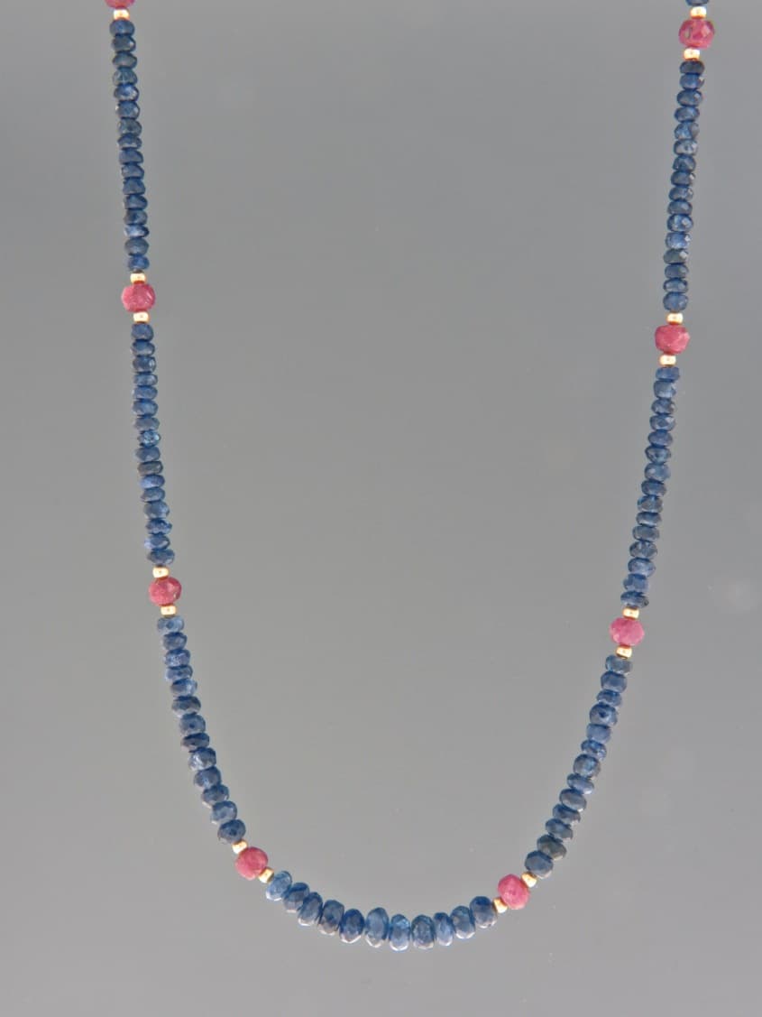 Sapphire Necklace with Ruby - faceted roundels - 45cm