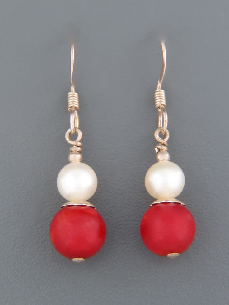 Red Coral Earrings with Pearl - Sterling Silver
