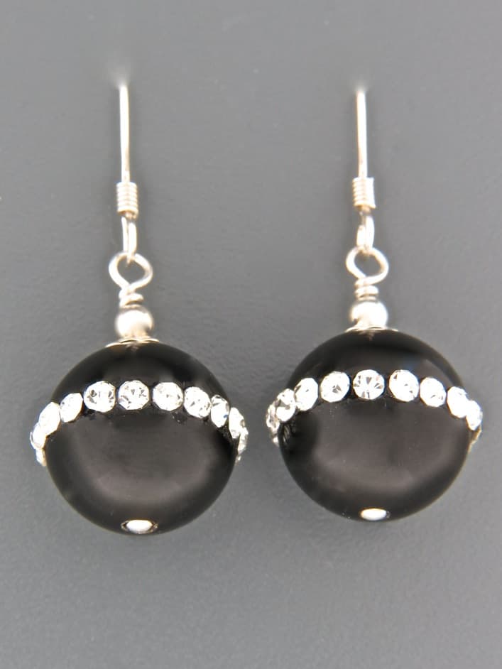 Onyx Earrings with Zircon - Sterling Silver - length 36mm