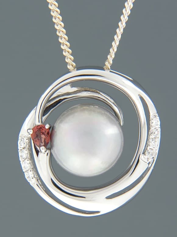 Pearl Pendant with Garnet & Zircon - Sterling Silver