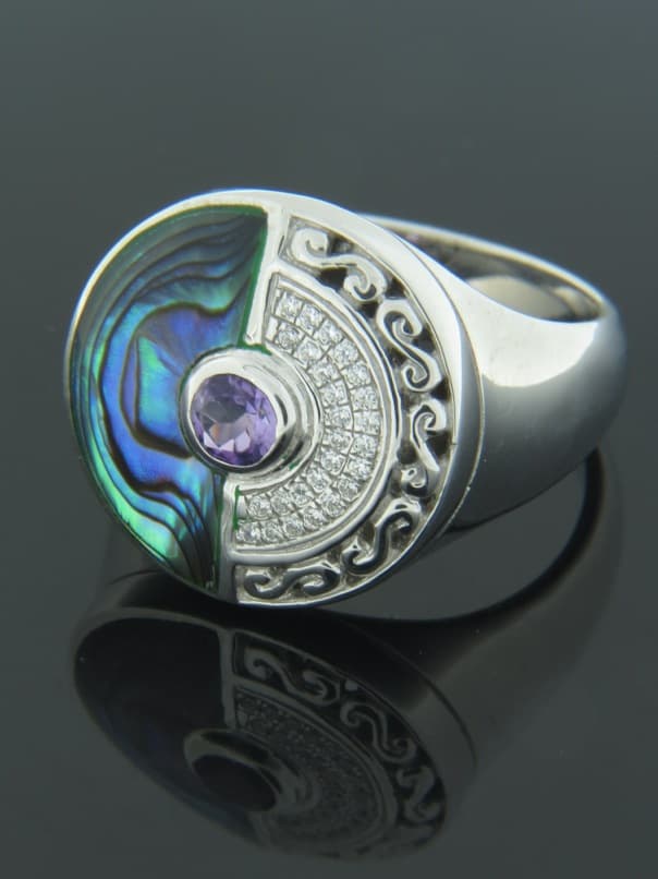 Paua Shell Ring with Amethyst & Zircon - Sterling Silver