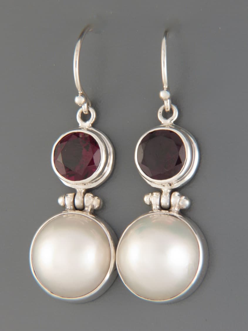 Garnet & Pearl Earrings - Sterling Silver - length 42mm