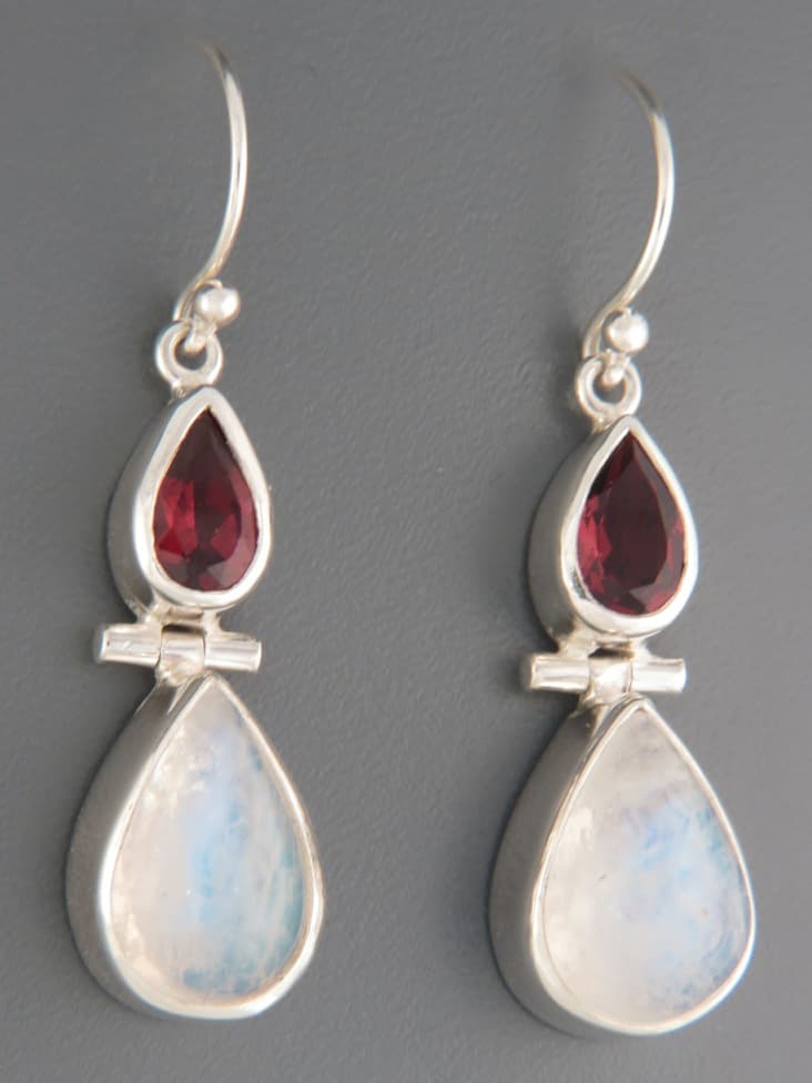 Moonstone Earrings with Garnet - Sterling Silver
