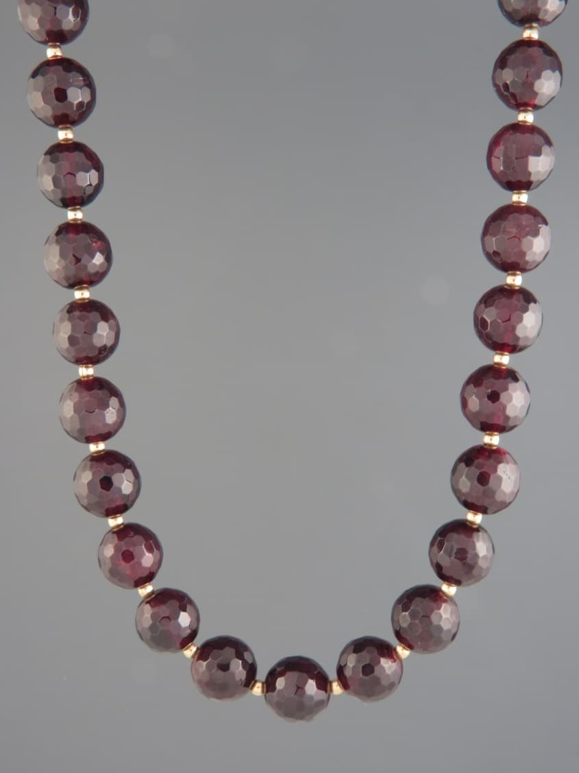 Garnet Necklace - 10mm round faceted stones with Gold beads