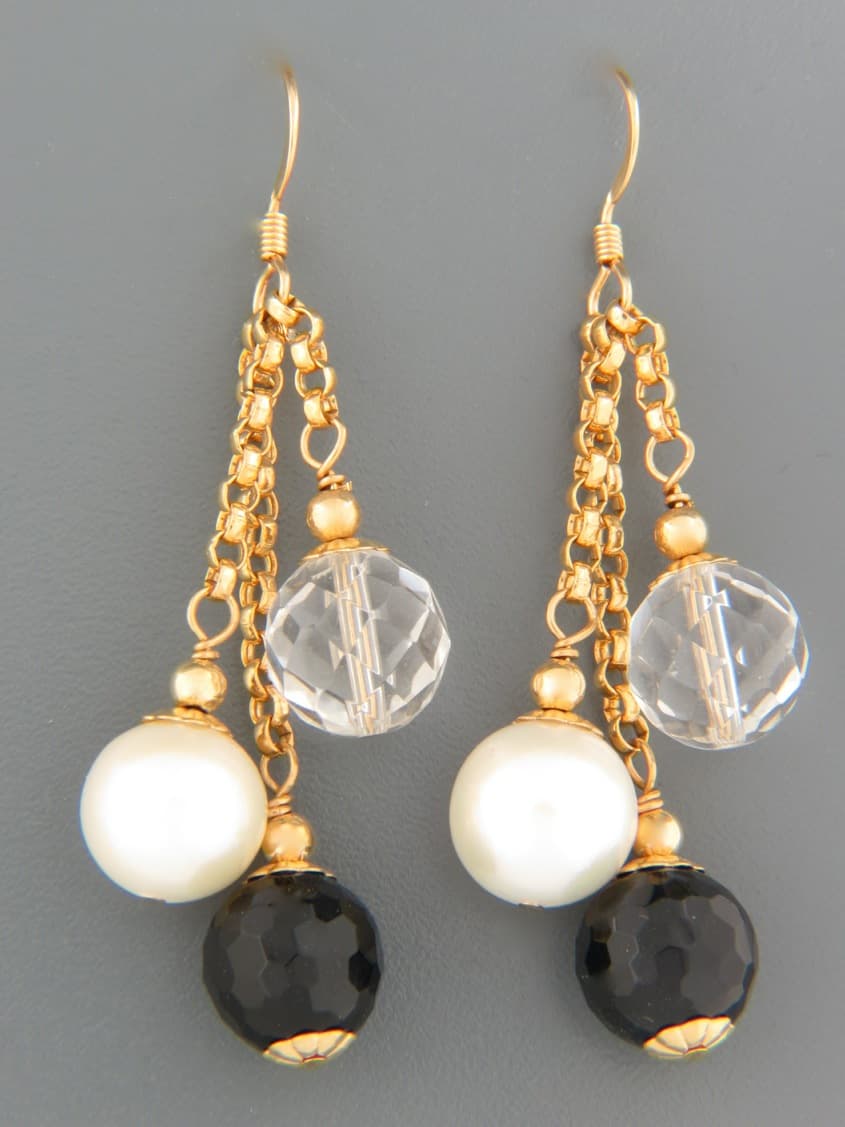 Onyx, Pearl & Quartz Earrings - 14ct Gold Filled