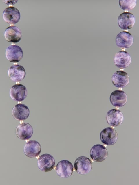 Charoite Necklace - 10mm round stones with Gold beads