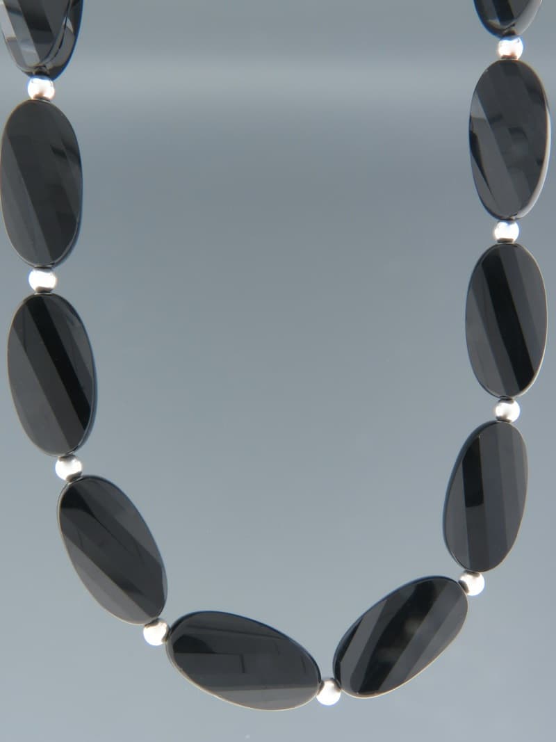 Onyx Necklace - oval faceted stones with Silver beads