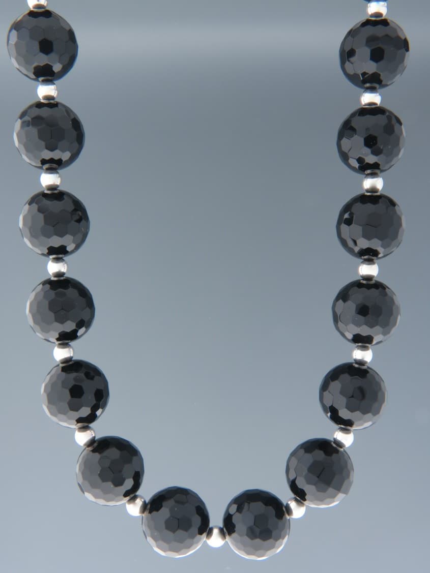 Onyx Necklace - 16mm round faceted stones with Silver beads