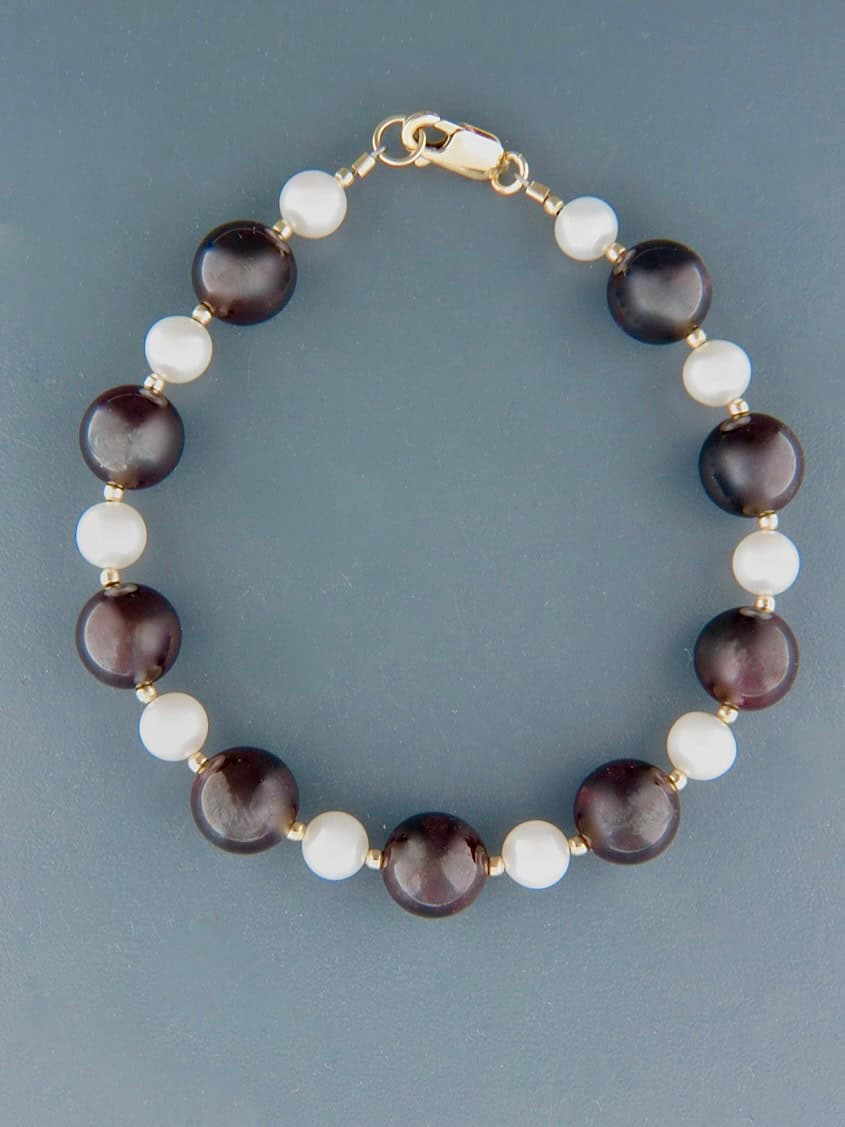 Garnet & Pearl Bracelet - 10mm round stones with Gold beads