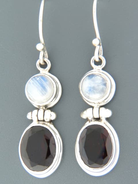 Garnet Earrings with Moonstone - Sterling Silver
