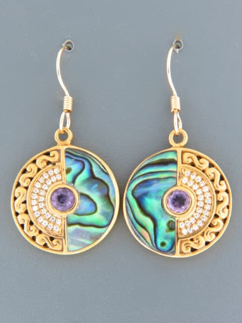 Paua Shell Earrings with Amethyst - Gold Vermeil