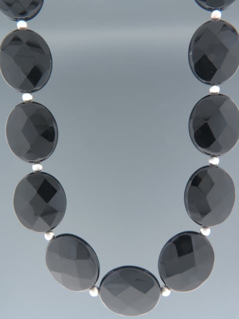 Onyx Necklace - oval faceted stones with Silver beads