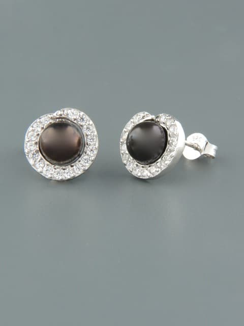6mm dark Pearl stud Earrings with Zircon - Sterling Silver