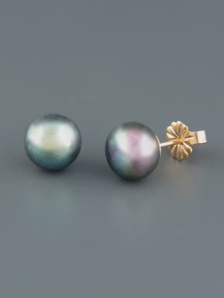 8mm dark Pearl Stud Earrings - Gold - YD8ZG