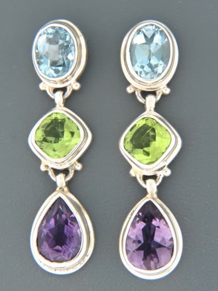 Blue Topaz, Peridot &amp; Amethyst Earrings - Sterling Silver