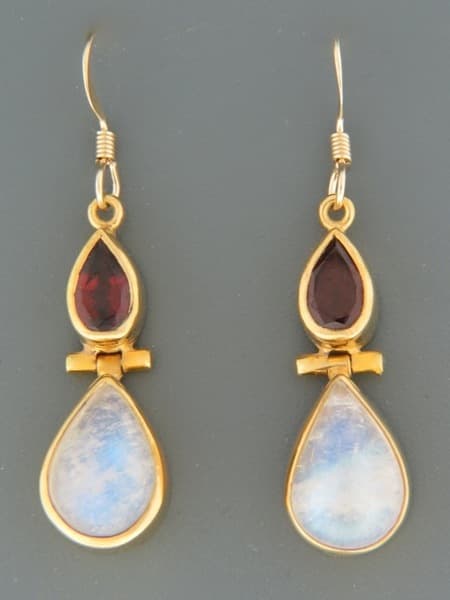 Moonstone Earrings with Garnet - Gold Vermeil