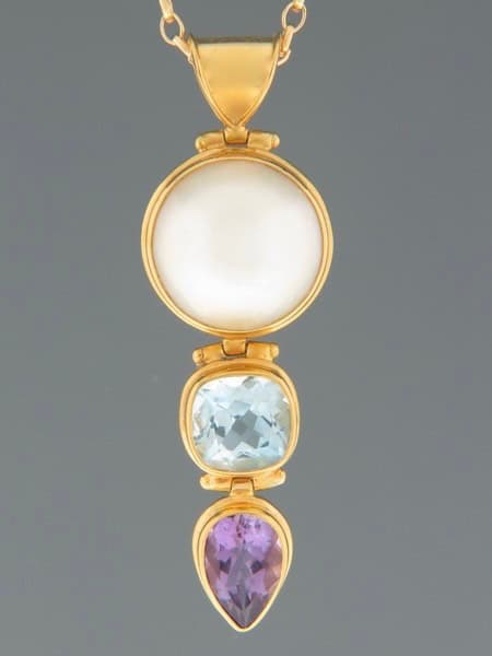 Pearl, Blue Topaz & Amethyst Pendant - Gold Vermeil