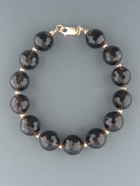 Smokey Quartz Bracelet - 12mm round faceted stones with Gold beads