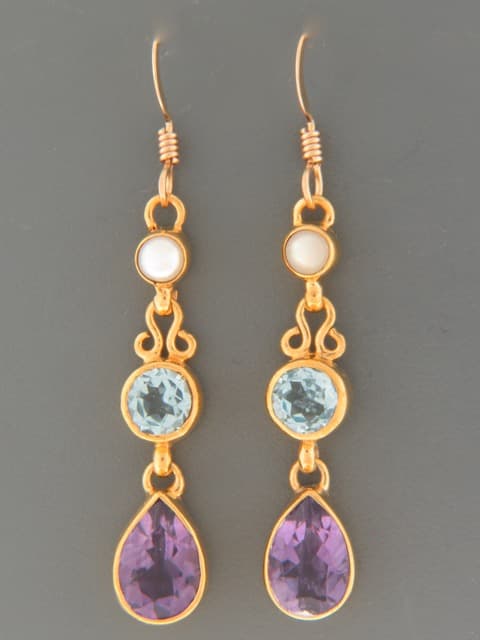 Amethyst, Blue Topaz & Pearl Earrings - Gold Vermeil