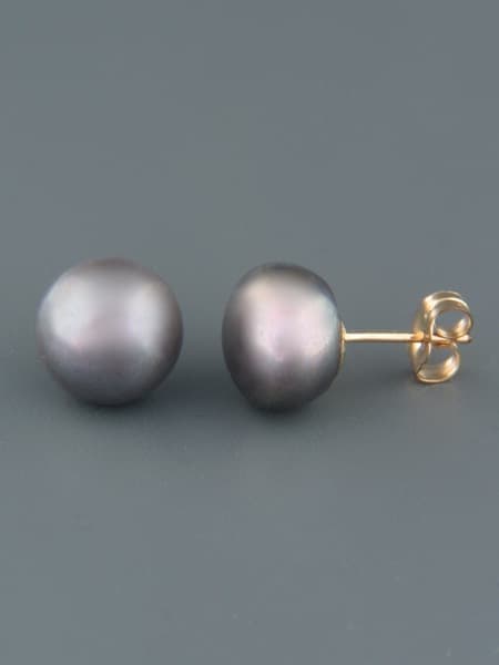 10mm Dark Pearl Stud Earrings - Gold