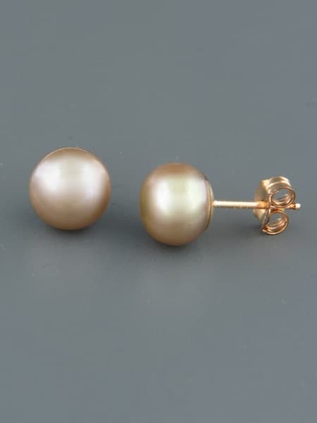 8mm Champagne Pearl Stud Earrings - Gold - YG8ZG