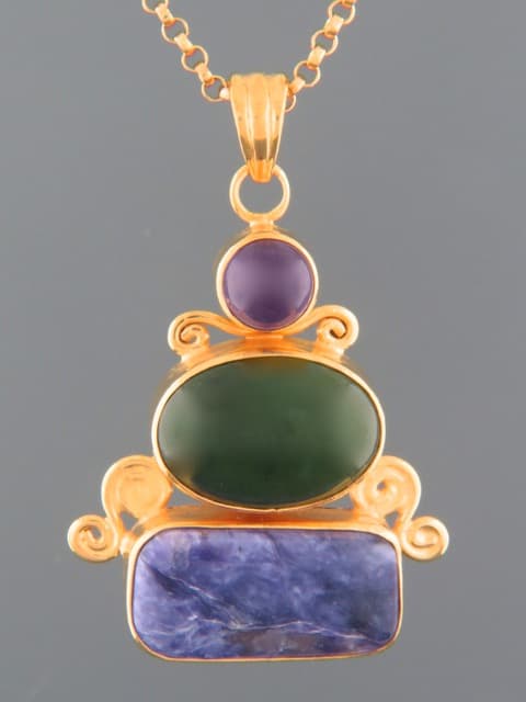 Amethyst, N.Z. Jade & Charoite Pendant - Gold Vermeil