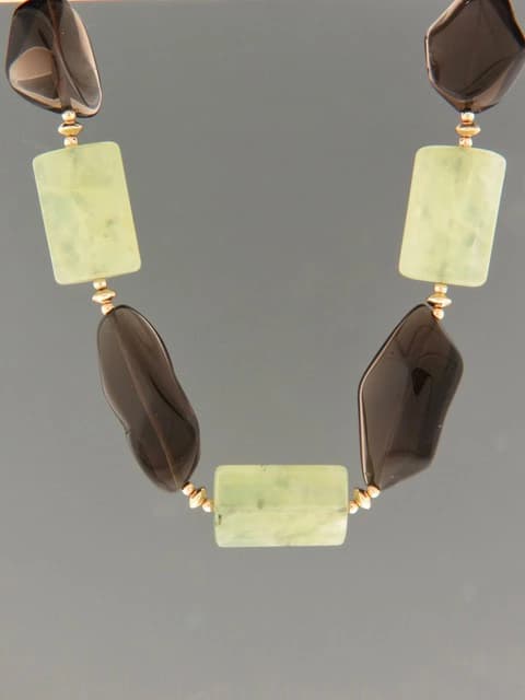 Smokey Quartz & Prehnite Necklace - with Gold beads