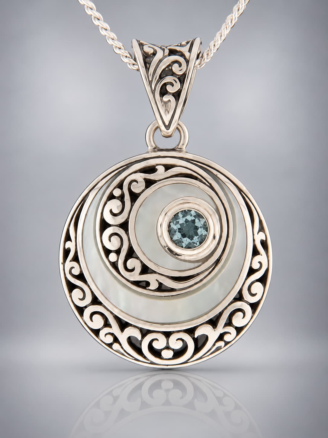 Blue Topaz and mother of pearl sterling silver pendant