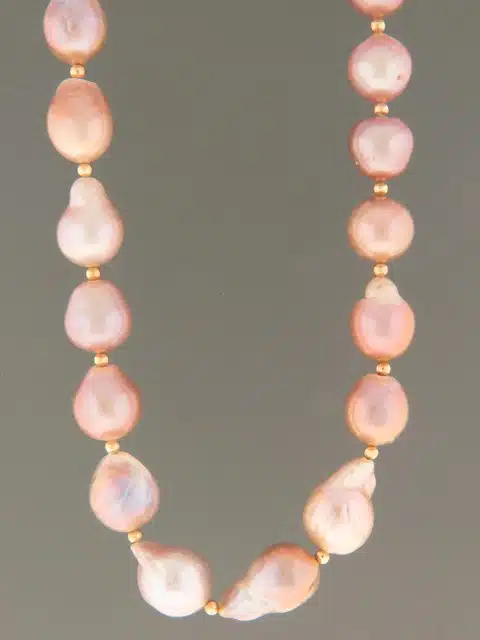 Pink Baroque Pearl Necklace with round Gold beads