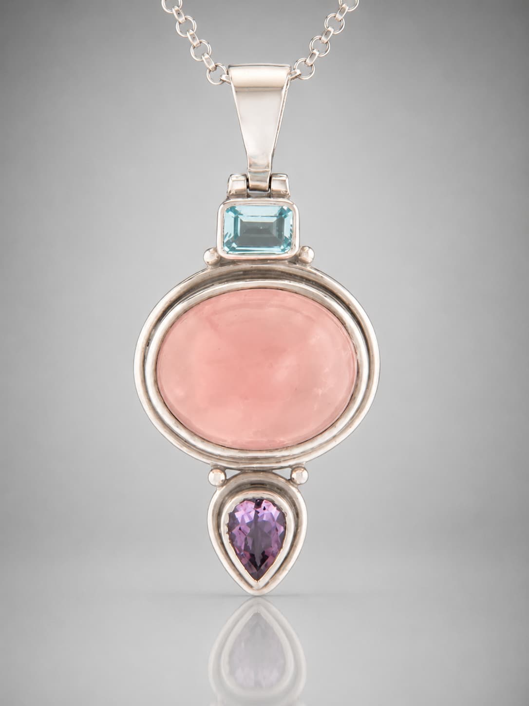 Rose Quartz Pendant with Blue Topaz & Amethyst - Sterling Silver